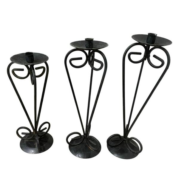 VINTAGE FRENCH COUNTRY PILAR CANDLE STICK DECOR SET OF 3 IRON BOHO GRUNGE - Picture 6 of 12